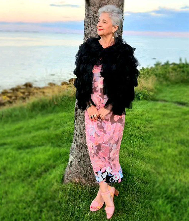 Terri in floral dress and tulle jacket | 40plusstyle.com