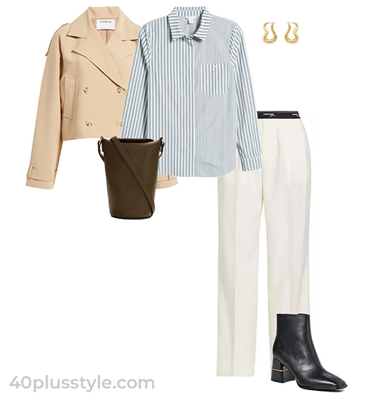 Cropped trench coat, shirt, wide pants and booties | 40plusstyle.com
