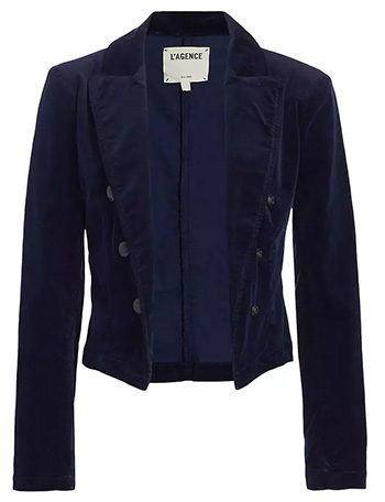 How to cover up a formal outfit: L'AGENCE Wayne Velvet Cropped Double-Breasted Jacket | 40plusstyle.com