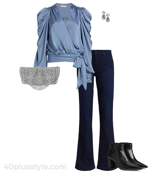 Outfits for dinner - wrap blouse and jeans | 40plusstyle.com