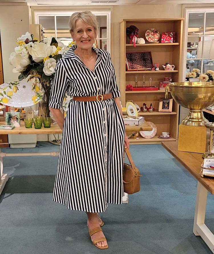 Barb in striped shirtdress | 40plusstyle.com