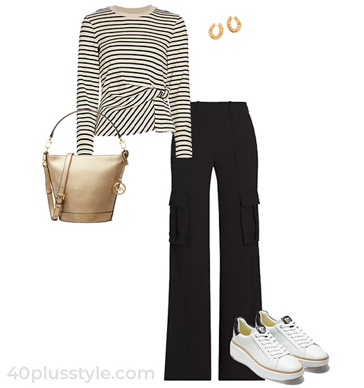 Striped top, cargo pants and sneakers | 40plusstyle.com