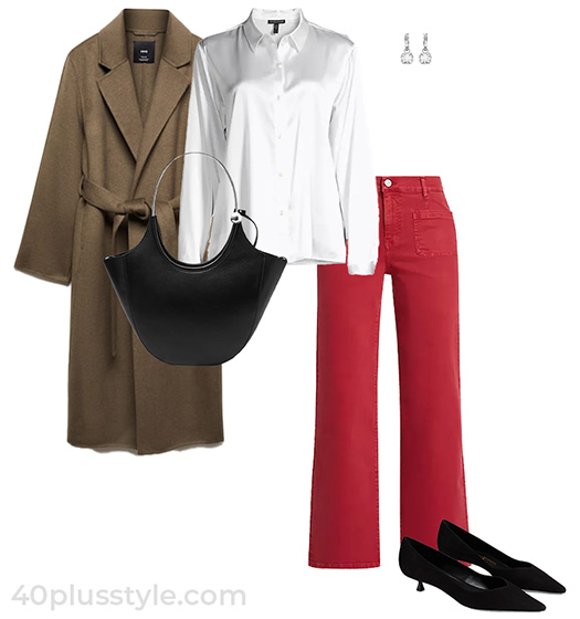 Trench coat, shirt and palazzo jeans | 40plusstyle.com