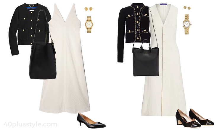 Black blazer and white dress outfit | 40plusstyle.com