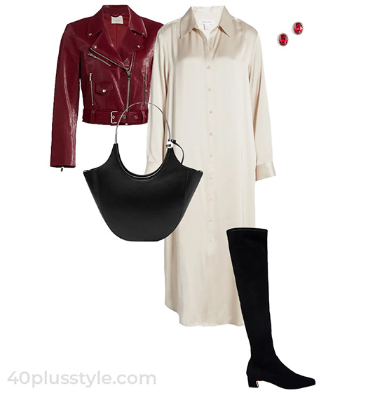 Leather jacket and dress outfit | 40plusstyle.com