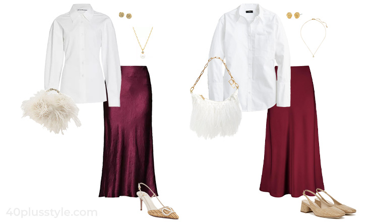 White shirt and satin skirt outfit | 40plusstyle.com