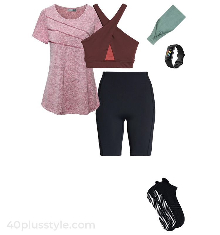 Pink t-shirt and cycle shorts outfit | 40plusstyle.com
