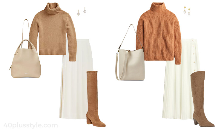 Turtle neck sweater and pleated skirt outfit | 40plusstyle.com
