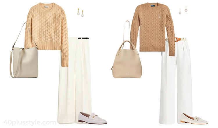 Cable knit sweater and white pants outfit | 40plusstyle.com