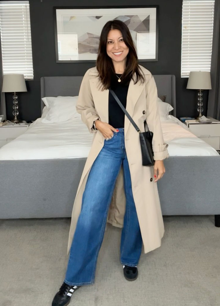 Adaline in trench coat, sneakers and sneakers | 40plusstyle.com