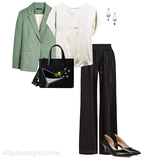 How to dress when you are short - blazer, silk top, striped pants and pumps | 40plusstyle.com