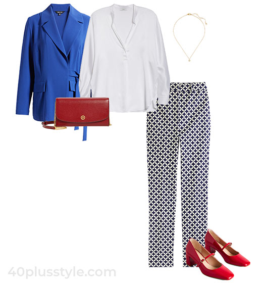 Blazer, silk shirt, printed pants and Mary Jane pumps | 40plusstyle.com