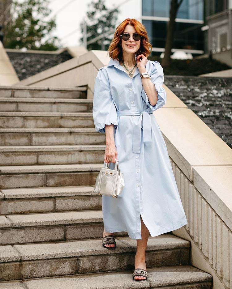 Things that make us look older - Cathy wears a youthful shirtdress | 40plusstyle.com