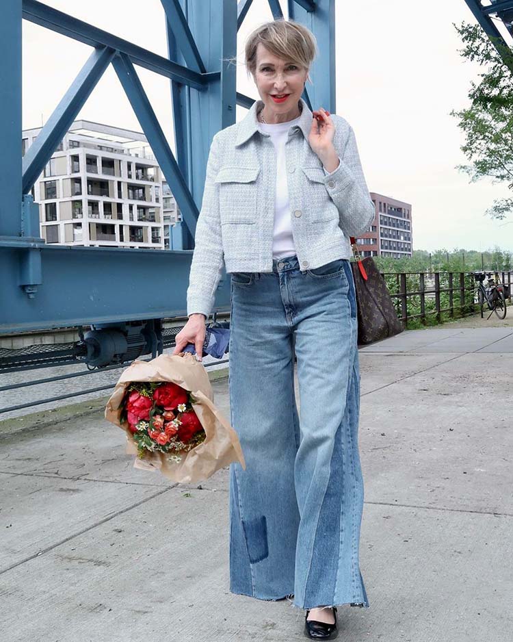 Claudia wears patchwork jeans | 40plusstyle.com