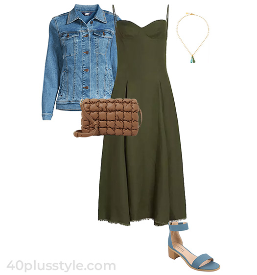 Natural style outfit idea: denim jacket,  dress and sandals | 40plusstyle.com