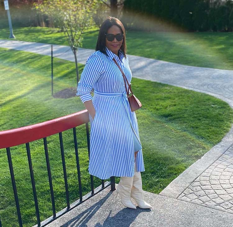 Eugenia in striped shirtdress and boots | 40plusstyle.com
