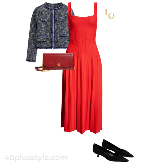 Classic style outfit: jacket, midi dress and pumps | 40plusstyle.com