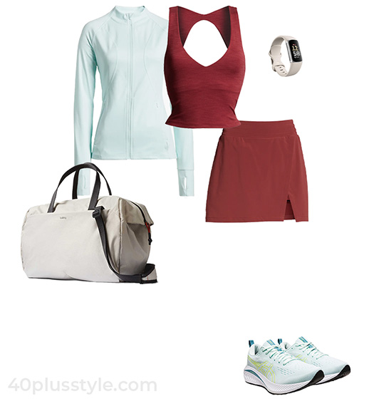 Jacket, longline sports bra, skort and sneakers | 40plusstyle.com