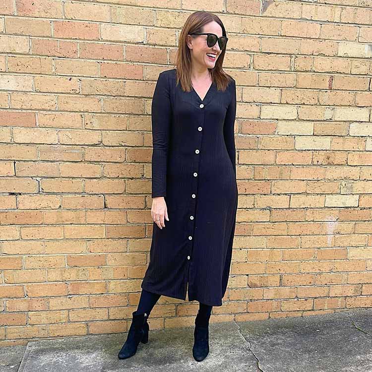 Dresses to wear leggings with - Karen wears an all-black outfit  | 40plusstyle.com