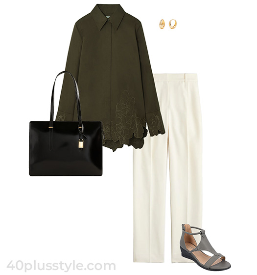 Natural style outfit idea: shirt, trousers and sandals | 40plusstyle.com