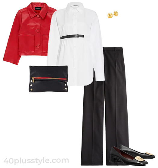 red jacket and black pants outfit | 40plusstyle.com