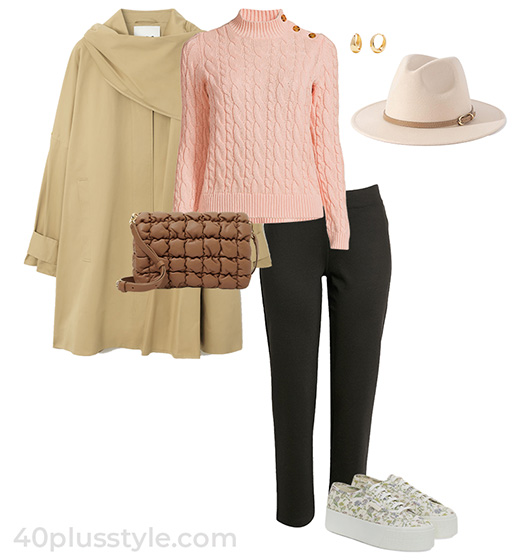 Natural style outfit idea: coat, sweater, pants and sneakers | 40plusstyle.com