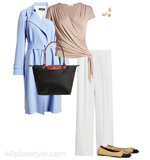 Classic style outfit: trench coat, wrap top, wide pants and flats | 40plusstyle.com