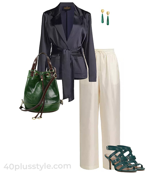 wrap blazer and silk pants outfit | 40plusstyle.com