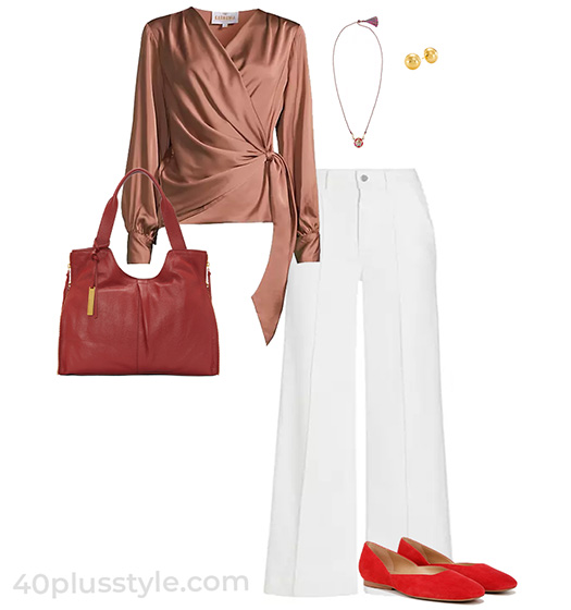 wrap blouse and white pants outfit | 40plusstyle.com