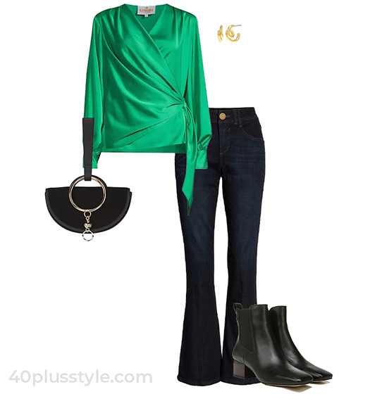 Silk wrap top and bootcuts | 40plusstyle.com