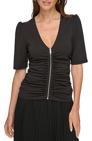 DKNY Ruched Zip Front V-Neck Top | 40plusstyle.com