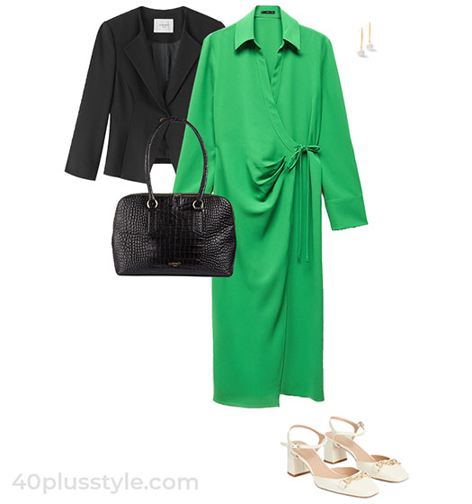 How to dress the hourglass: jacket, wrap dress and pumps | 40plusstyle.com