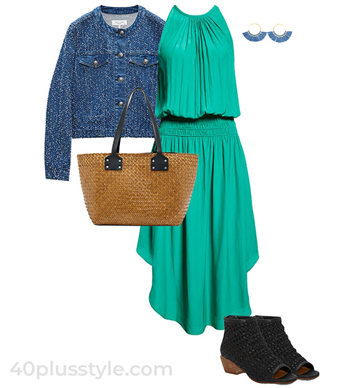 Green dress and denim jacket outfit | 40plusstyle.com