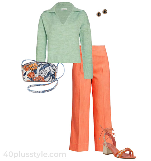 Orange with green outfit | 40plusstyle.com