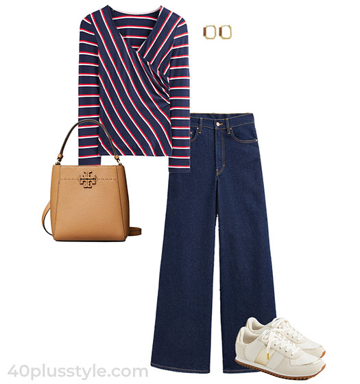 Striped top and wide jeans outfit | 40plusstyle.com