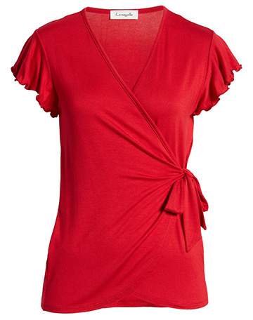 Tops to hide a tummy - Loveappella Flutter Sleeve Jersey Wrap Top | 40plusstyle.com