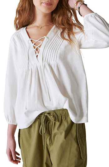 Tops to hide a tummy - Lucky Brand Lace-Up Cotton Peasant Blouse | 40plusstyle.com