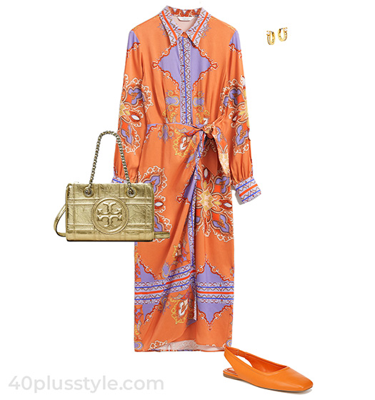 Orange and purple outfit idea | 40plusstyle.com
