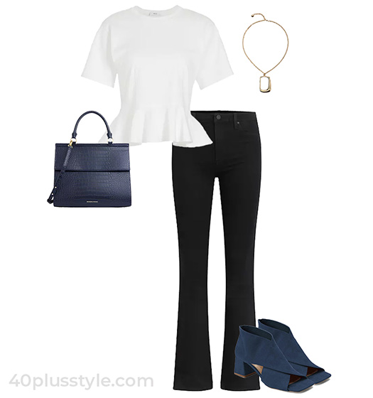 Peplum top and black jeans | 40plusstyle.com