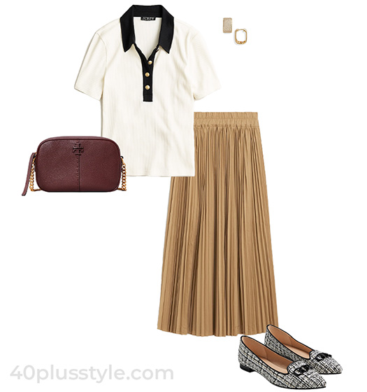 Preppy top and pleated skirt outfit | 40plusstyle.com