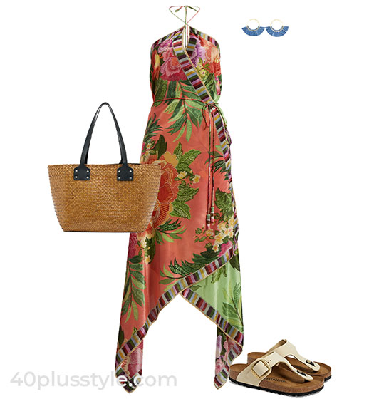 Scarf print dress and sandals | 40plusstyle.com