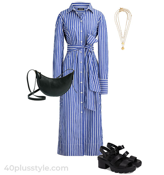 Stripe shirt dress and chunky sandals outfit | 40plusstyle.com