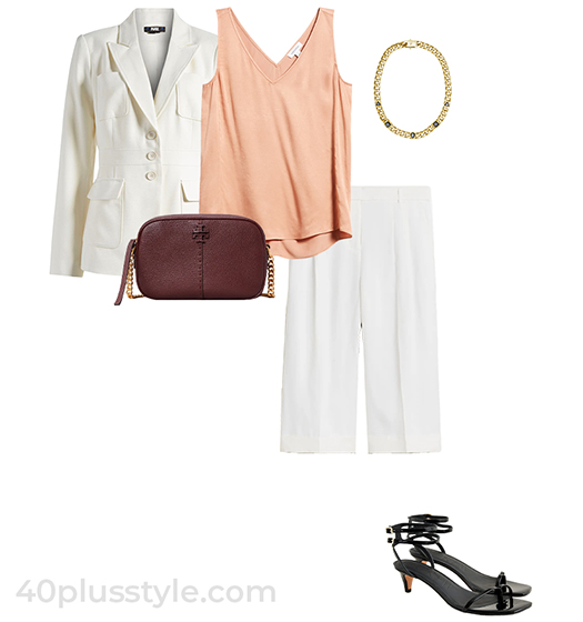White blazer and shorts outfit | 40plusstyle.com