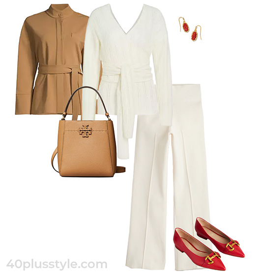 Beige and white outfit with red shoes | 40plusstyle.com