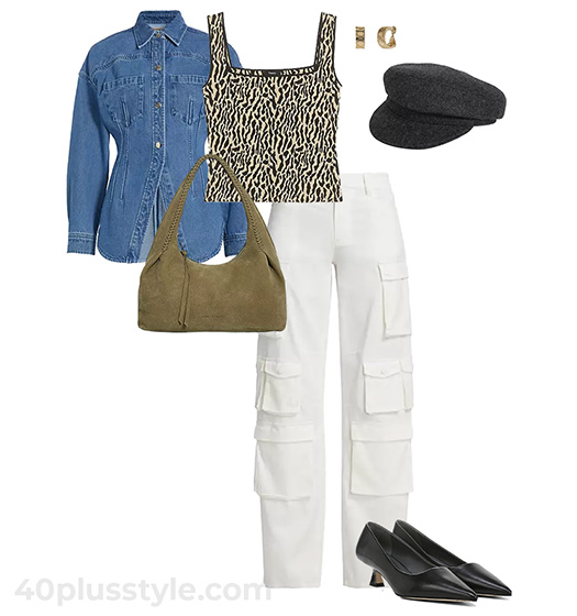 Cargo pants and denim jacket outfit | 40plusstyle.com
