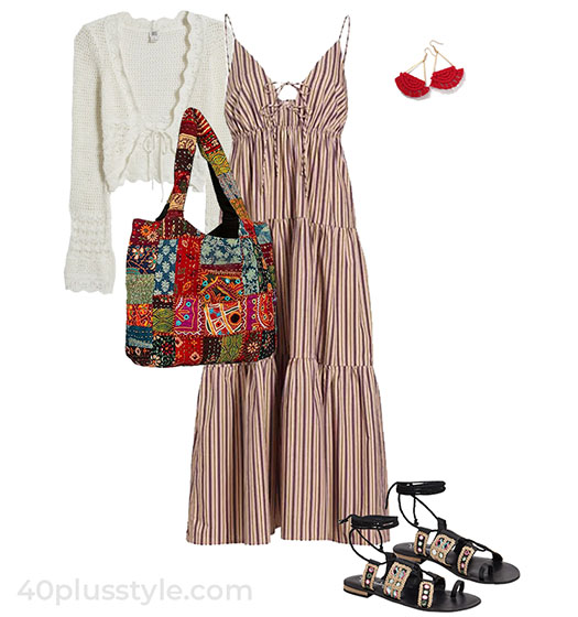 Striped dress and crochet cardigan | 40plusstyle.com