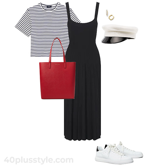 Striped t-shirt and dress outfit | 40plusstyle.com