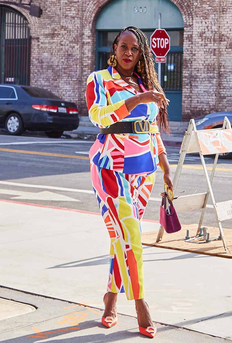 Julie in a graphic print suit | 40plusstyle.com