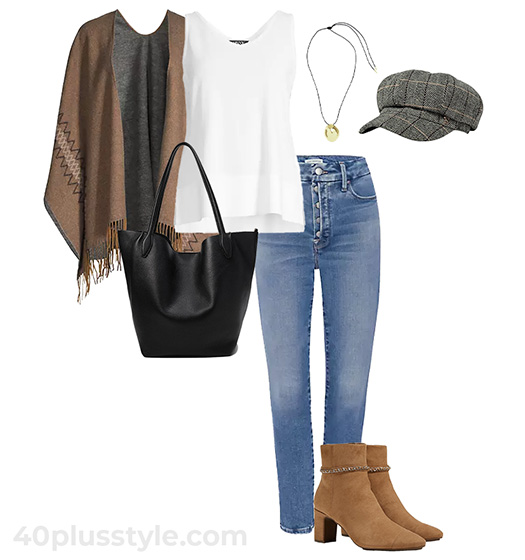Ruana and baker boy hat outfit | 40plusstyle.com