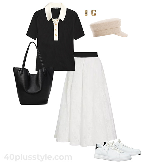 Polo neck top and full skirt | 40plusstyle.com